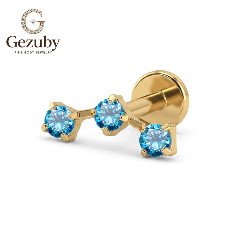 ASTM F136 Titanium Blue Round CZ Labret Stud Lagoon Threadless Body Piercing Gold Silver Cartilage Flat