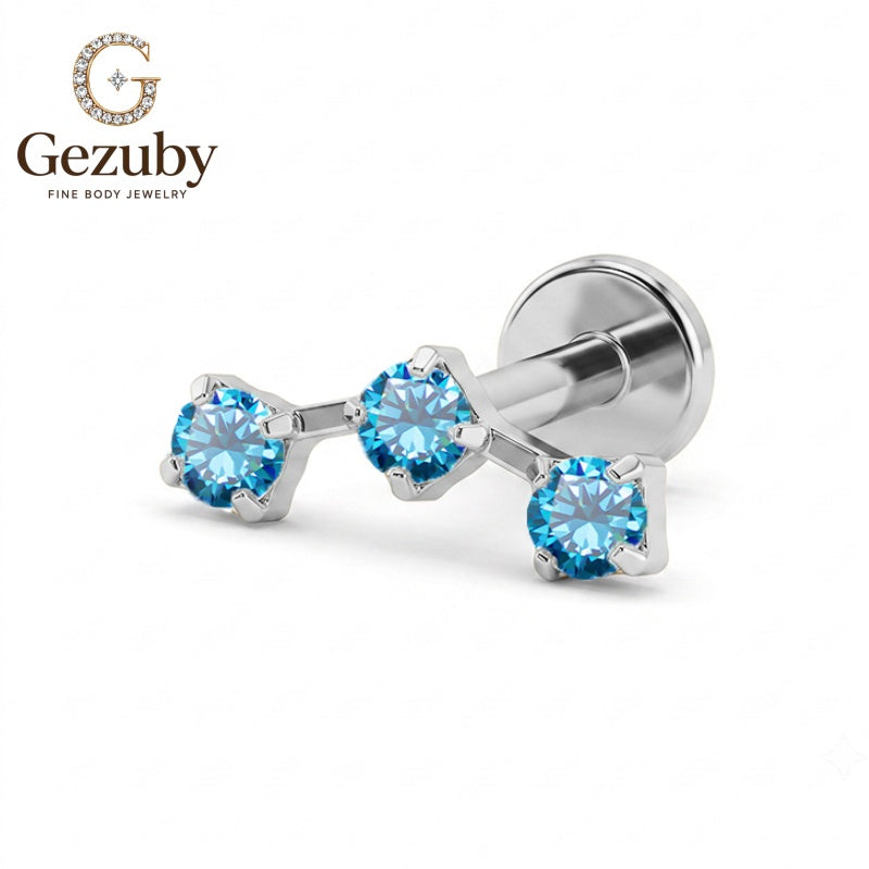 ASTM F136 Titanium Blue Round CZ Labret Stud Lagoon Threadless Body Piercing Gold Silver Cartilage Flat