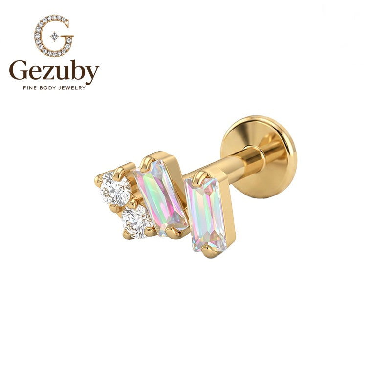 ASTM F136 Titanium Baguette Rainbow CZ Labret Stud Spectrum Threadless Body Piercing Gold Silver Outer Tragus