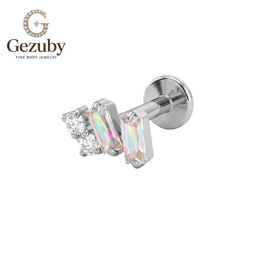 ASTM F136 Titanium Baguette Rainbow CZ Labret Stud Spectrum Threadless Body Piercing Gold Silver Outer Tragus
