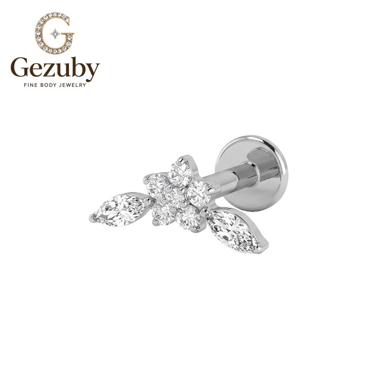 ASTM F136 Titanium Threadless Labret Stud Marquise Leaf Cluster CZ Zephyr Cartilage Earring Nickel Free Gold Silver Flat Lobe
