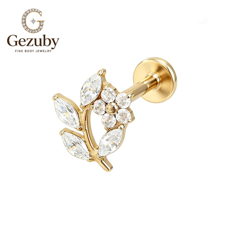 ASTM F136 Titanium Threadless Labret Stud Flower Marquise Leaf CZ Blossom Cartilage Earring Nickel Free Gold Silver Mid Helix