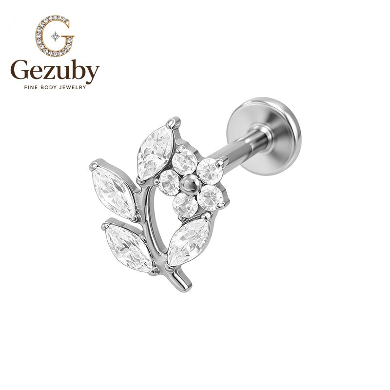 ASTM F136 Titanium Threadless Labret Stud Flower Marquise Leaf CZ Blossom Cartilage Earring Nickel Free Gold Silver Mid Helix