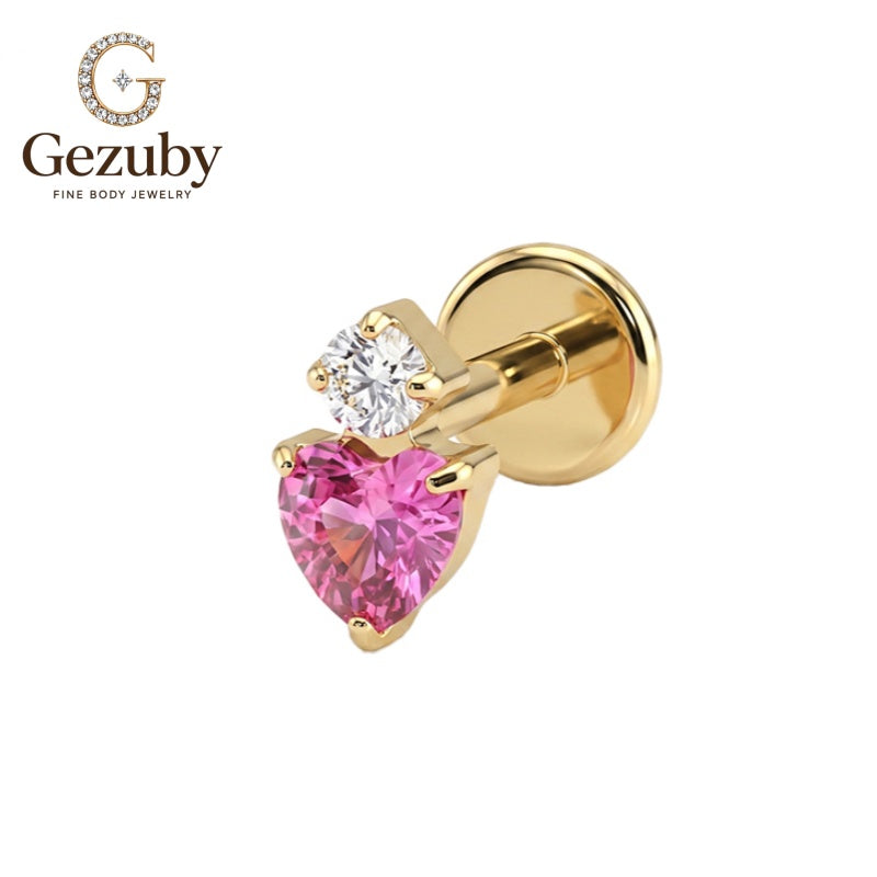 ASTM F136 Titanium Threadless Labret Stud Heart Cut Pink CZ Amour Cartilage Earring Hypoallergenic Gold Silver Upper Lobe
