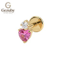 ASTM F136 Titanium Threadless Labret Stud Heart Cut Pink CZ Amour Cartilage Earring Hypoallergenic Gold Silver Upper Lobe