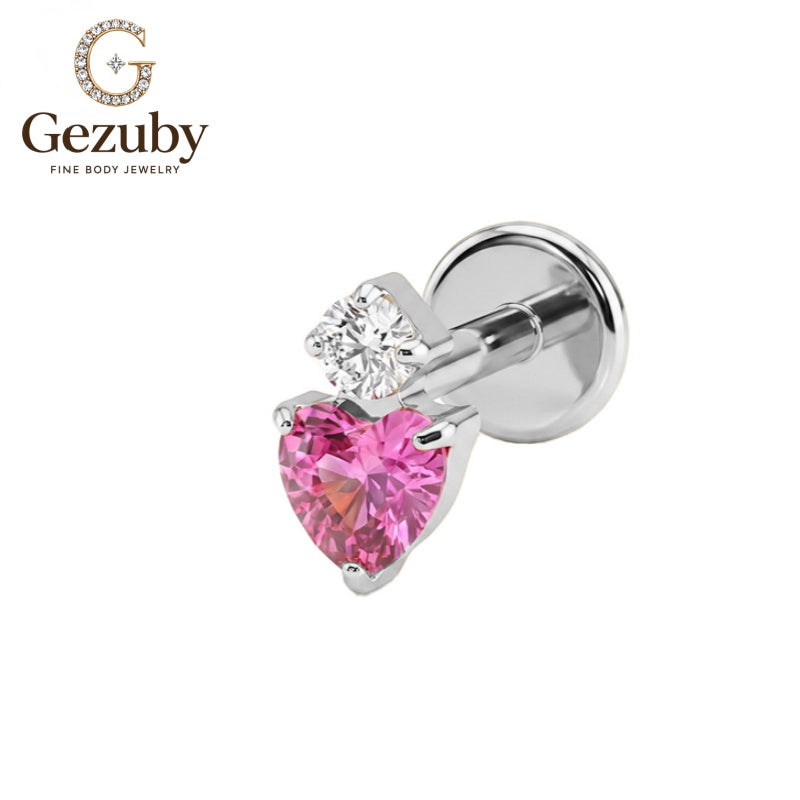 ASTM F136 Titanium Threadless Labret Stud Heart Cut Pink CZ Amour Cartilage Earring Hypoallergenic Gold Silver Upper Lobe