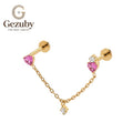 ASTM F136 Titanium Threadless Chain Labret Stud Heart Cut Pink CZ Cascade Cartilage Earring Charm Gold Silver Double Helix