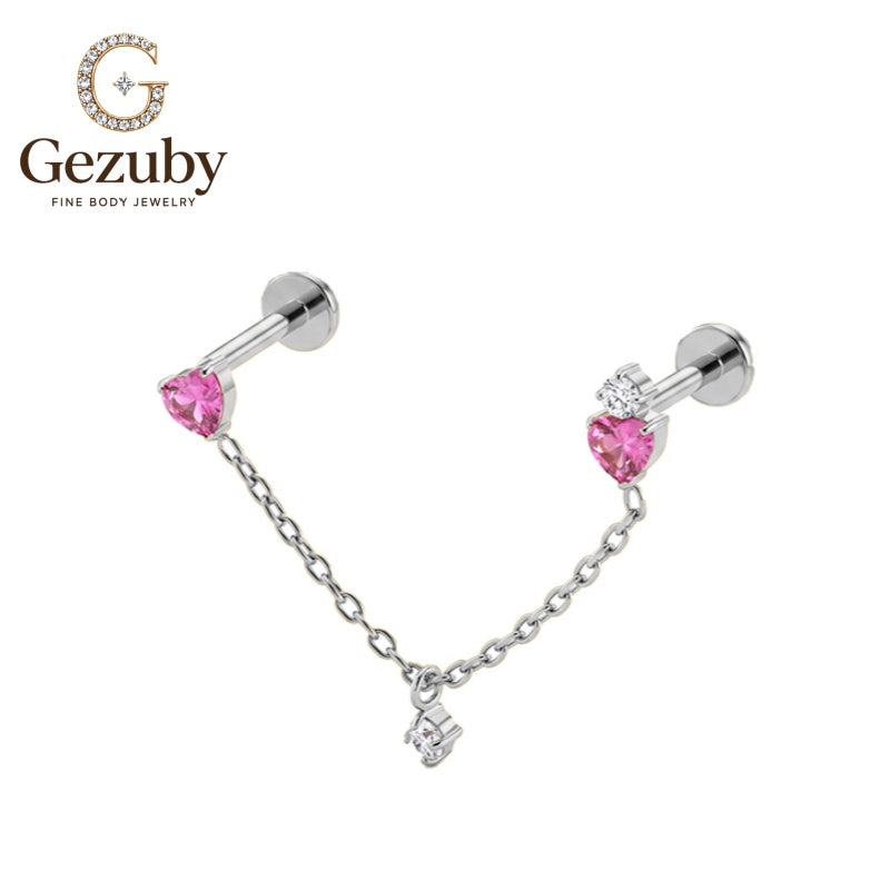 ASTM F136 Titanium Threadless Chain Labret Stud Heart Cut Pink CZ Cascade Cartilage Earring Charm Gold Silver Double Helix