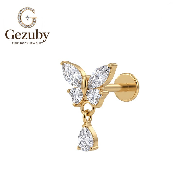 ASTM F136 Titanium Threadless Labret Stud Butterfly Marquise Pear Cut CZ Flutter Cartilage Earring Dangle Gold Silver Daith