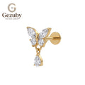 ASTM F136 Titanium Threadless Labret Stud Butterfly Marquise Pear Cut CZ Flutter Cartilage Earring Dangle Gold Silver Daith