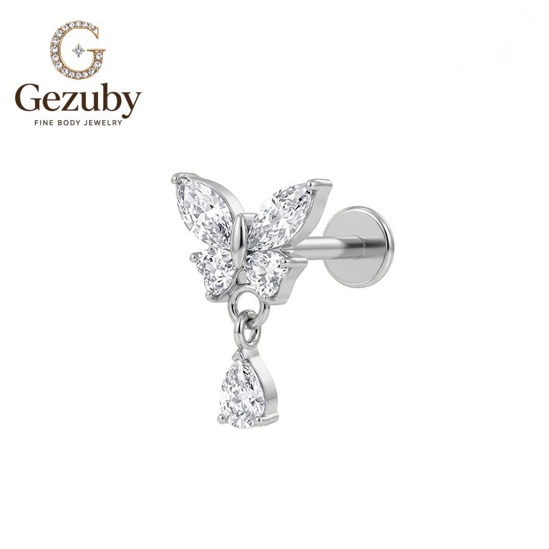 ASTM F136 Titanium Threadless Labret Stud Butterfly Marquise Pear Cut CZ Flutter Cartilage Earring Dangle Gold Silver Daith