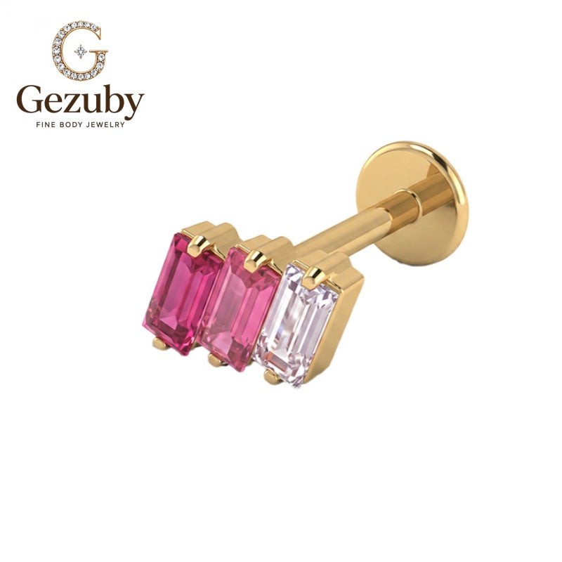 ASTM F136 Titanium Baguette Pink Ombre CZ Labret Stud Sorbet Threadless Body Piercing Gold Silver Snug