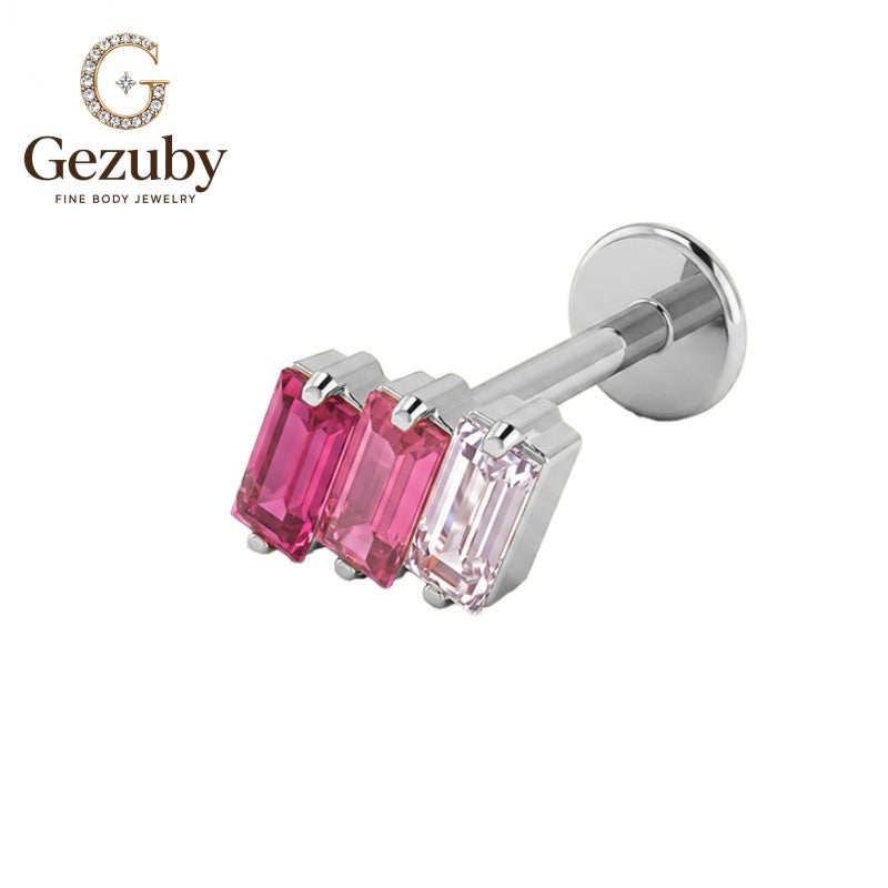 ASTM F136 Titanium Baguette Pink Ombre CZ Labret Stud Sorbet Threadless Body Piercing Gold Silver Snug