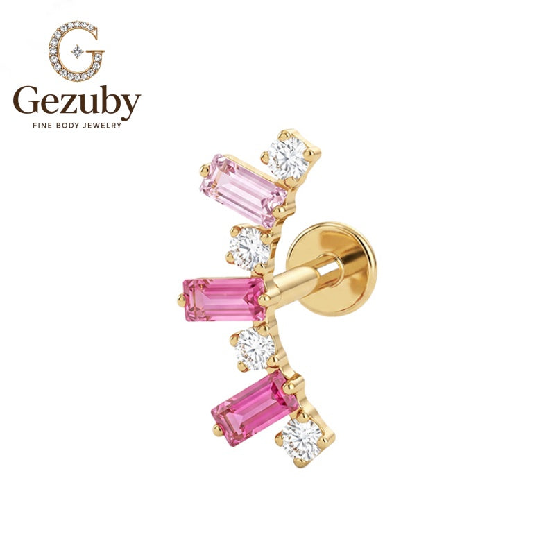 ASTM F136 Titanium Pink Baguette Round CZ Labret Stud Braid Threadless Body Piercing Gold Silver Outer Flat