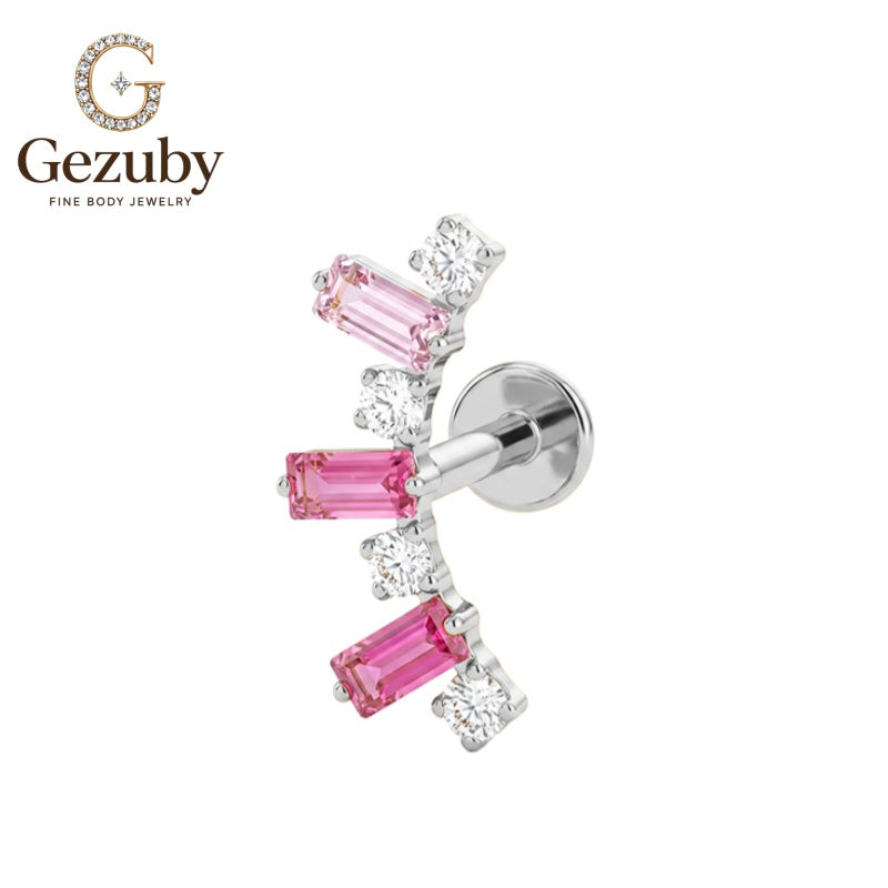 ASTM F136 Titanium Pink Baguette Round CZ Labret Stud Braid Threadless Body Piercing Gold Silver Outer Flat