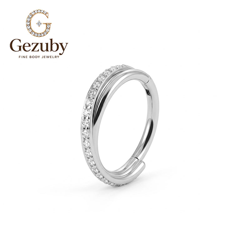ASTM F136 Titanium Hinged Segment Clicker Ring Pave Clear CZ Teardrop Chevron V-Shape Septum Daith Hoop Hypoallergenic Gold Silver Earring