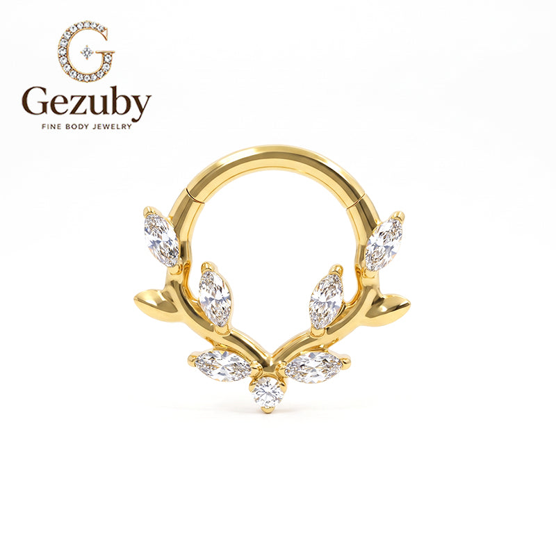 ASTM F136 Titanium Hinged Segment Clicker Ring Clear CZ Marquise Leaf Laurel Wreath Daith Septum Hoop Hypoallergenic Gold Silver Earring