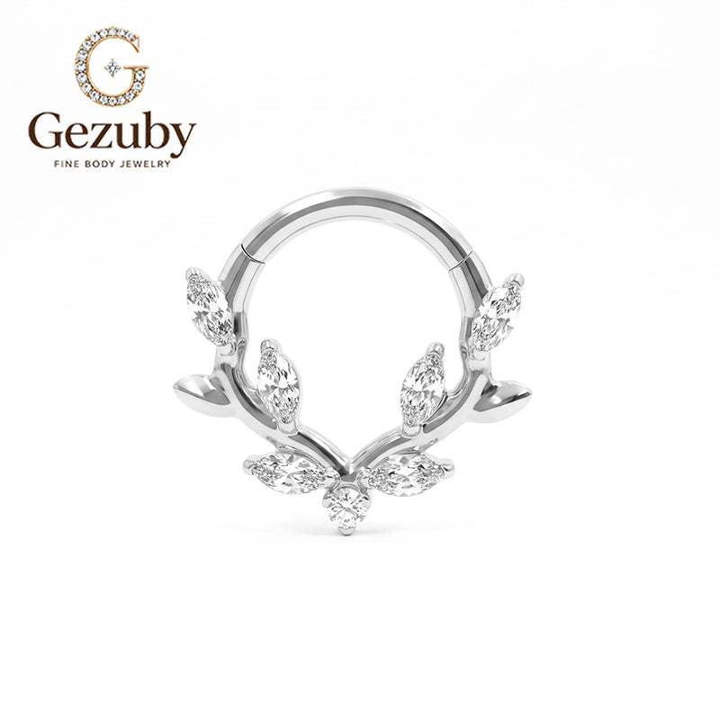 ASTM F136 Titanium Hinged Segment Clicker Ring Clear CZ Marquise Leaf Laurel Wreath Daith Septum Hoop Hypoallergenic Gold Silver Earring
