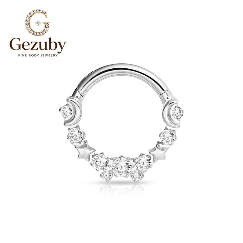 ASTM F136 Titanium Hinged Segment Clicker Ring Celestial Crescent Moon Star Clear CZ Cluster Daith Septum Hoop Hypoallergenic Gold Silver Earring
