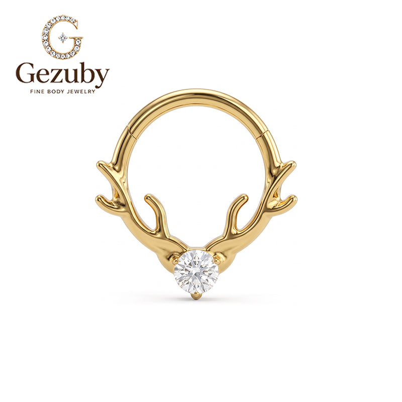 ASTM F136 Titanium Hinged Segment Clicker Ring Clear CZ Deer Stag Antler Horn Septum Daith Hoop Hypoallergenic Gold Silver Earring