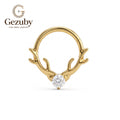ASTM F136 Titanium Hinged Segment Clicker Ring Clear CZ Deer Stag Antler Horn Septum Daith Hoop Hypoallergenic Gold Silver Earring