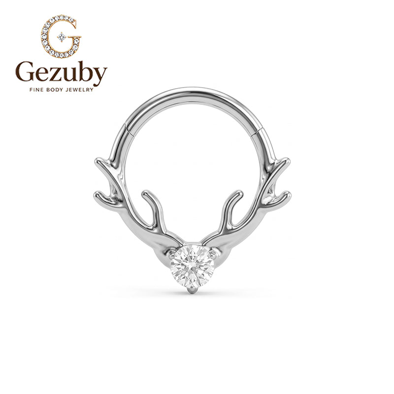 ASTM F136 Titanium Hinged Segment Clicker Ring Clear CZ Deer Stag Antler Horn Septum Daith Hoop Hypoallergenic Gold Silver Earring