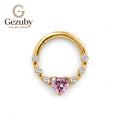 ASTM F136 Titanium Hinged Segment Clicker Ring Pink Heart Center Clear CZ Halo Septum Daith Hoop Hypoallergenic Gold Earring