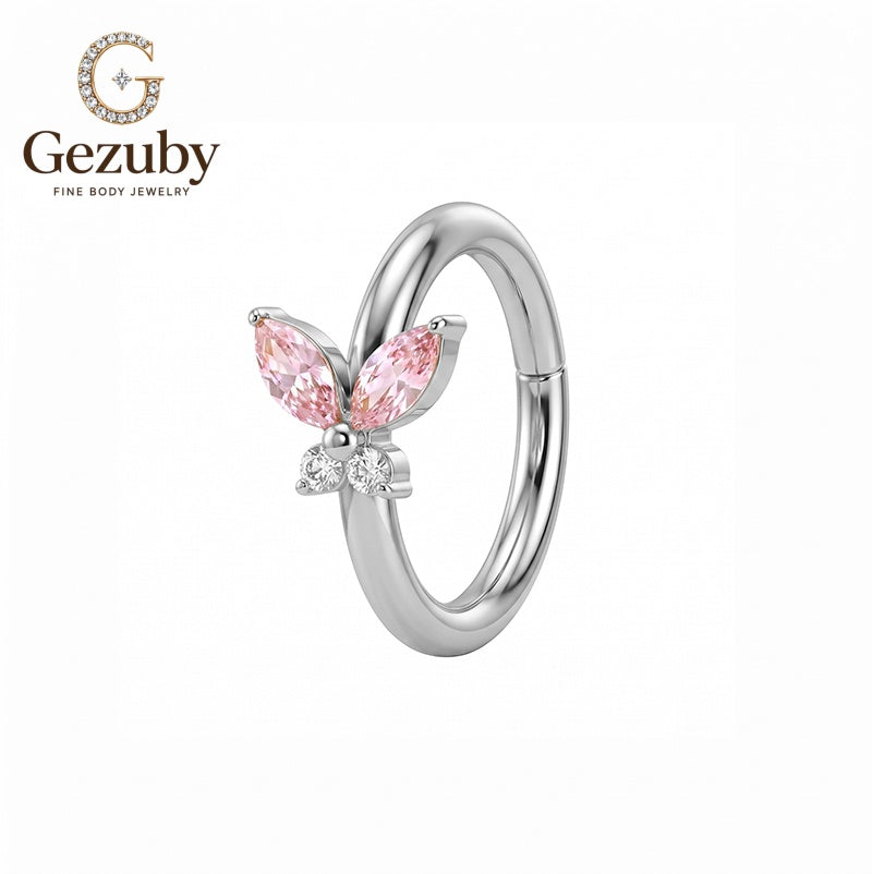 ASTM-F136 Titanium Butterfly Clicker Hoop Ring Pink CZ Soar Body Jewelry Gold Daith Stack