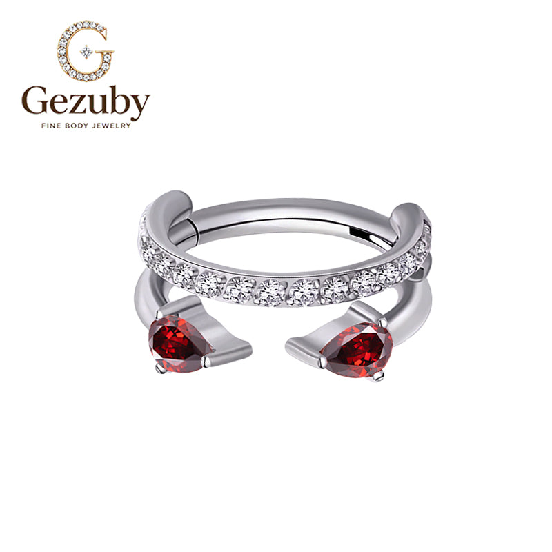 ASTM F136 Titanium Double Hoop Clicker Red CZ Septum Daith Ring Duet Hinged Body Piercing Silver Black
