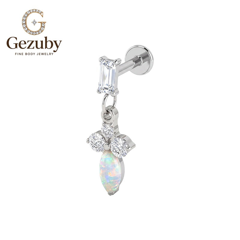 ASTM F136 Titanium Baguette Opal Charm Dangle Labret Stud Threadless Opaline Body Piercing Gold Silver Inner Tragus