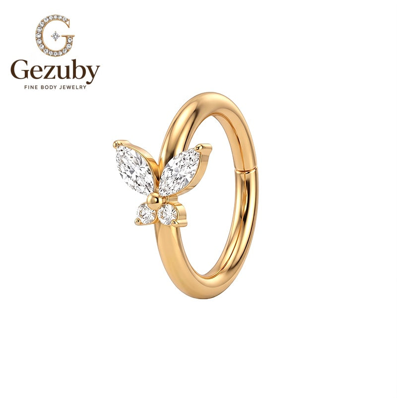 ASTM-F136 Titanium Butterfly Clicker Hoop Ring Clear CZ Prism Body Jewelry Gold Silver Auricle Rook