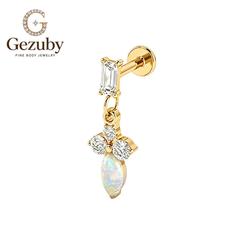 ASTM F136 Titanium Baguette Opal Charm Dangle Labret Stud Threadless Opaline Body Piercing Gold Silver Inner Tragus